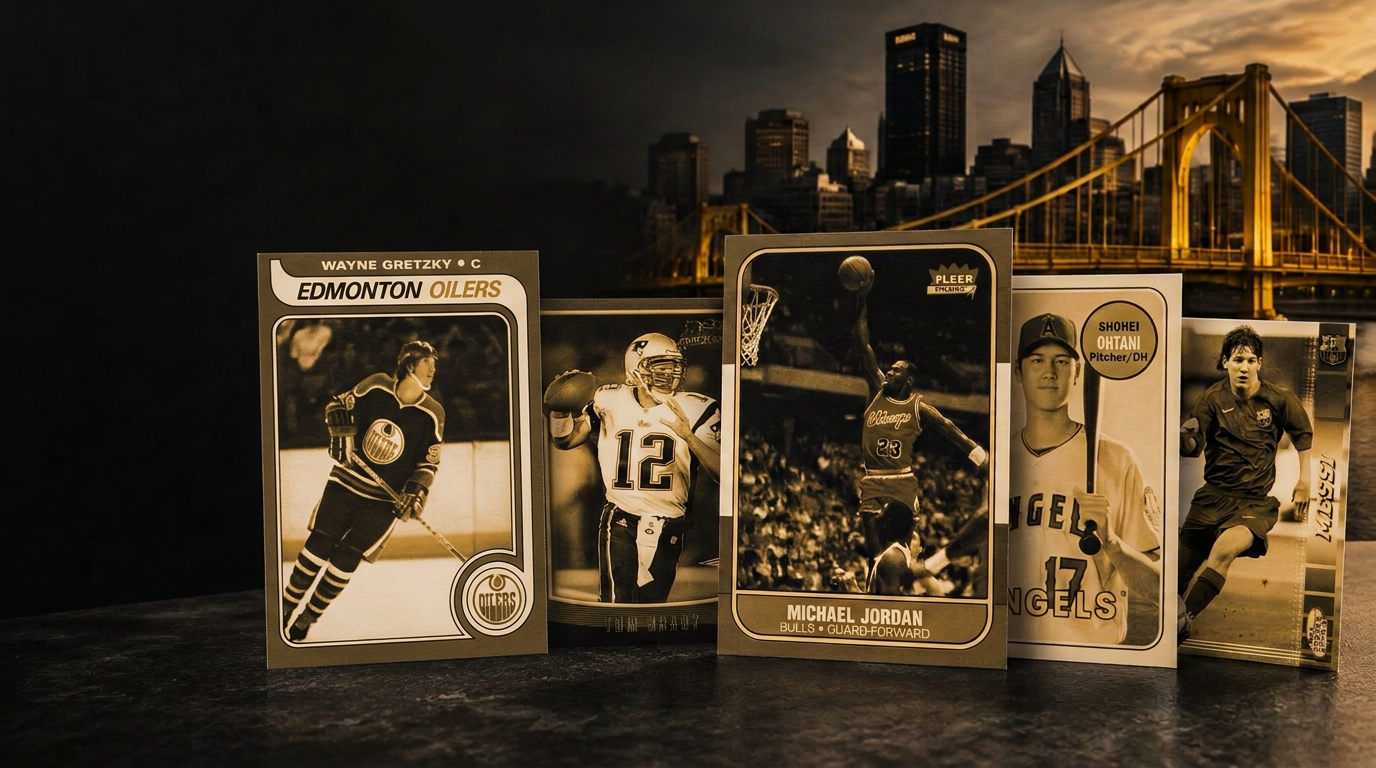 Black-and-gold montage of Wayne Gretzky, Tom Brady, Michael Jordan, Shohei Ohtani, and Lionel Messi cards beneath Pittsburgh’s bridges and skyline